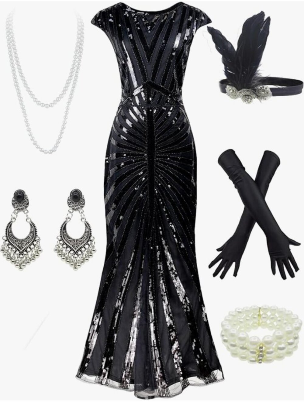 Women 1920S Gatsby Sequin Mermaid Formal Dress with 20s Accessories Size M NWT